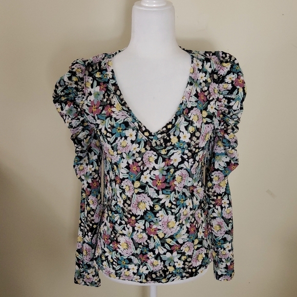 LOFT Tops - LOFT Floral Ruffle Sleeve Blouse - Black and Multicolor Size S